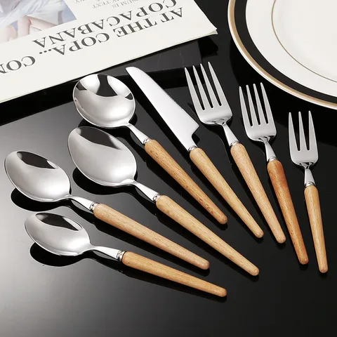 Buchenholz Griff 304 Edelstahl Besteckset Japanischer Stil Steakmesser Esslöffel Gabel Für Hochzeit Party Heimküche