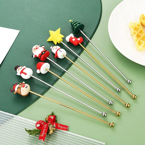 Tige d'Agitation de Noël en Acier Inoxydable 304 avec Poupée de Dessin Animé Cuillère à Café Or Argent Mélangeur de Boissons pour Cocktail Thé au Lait Fête