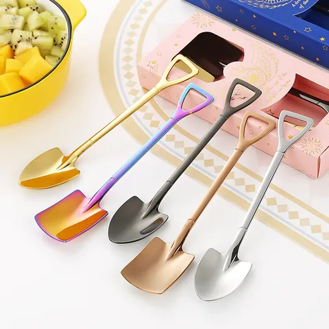Creative Shovel Shaped Stainless Steel Spoon Set Mirror Polished Dessert Spoons With Gift Box For Ice Cream Cake Watermelon Sweet Flatware Home Kitchen Dining Party