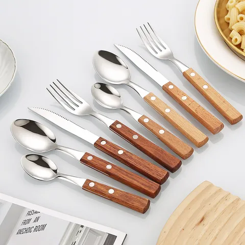 Japanse Retro 304 Roestvrijstalen Westerse Bestekset Met Massief Houten Handvat Spiegel Gepolijst Rozenhout Steakmes Vork Lepel Set