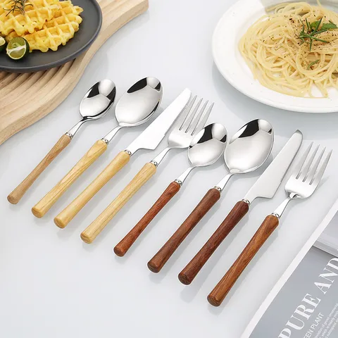 Japanese Style Solid Wood Handle Stainless Steel Cutlery Set Mirror Polishing Dinner Knife Fork Spoon For Home Restaurant Tableware