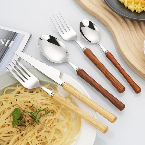 Japanese Style Solid Wood Handle Stainless Steel Cutlery Set Mirror Polishing Dinner Knife Fork Spoon For Home Restaurant Tableware
