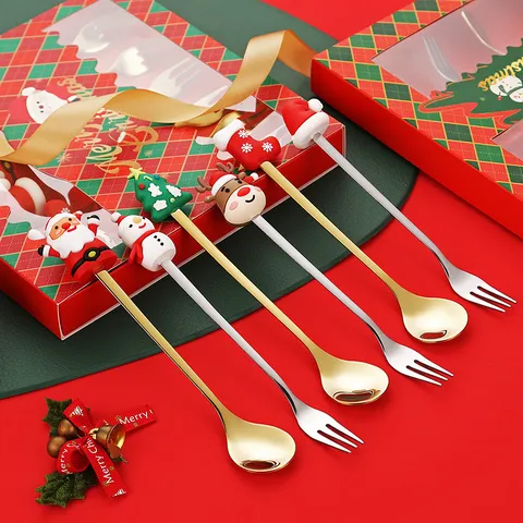 Weihnachten Edelstahl Löffel Und Gabel Für Kaffee Dessert Frucht Weihnachtsmann Schneemann Elch Figur Griff Spiegelpoliert Festlich Geschirr Geschenk