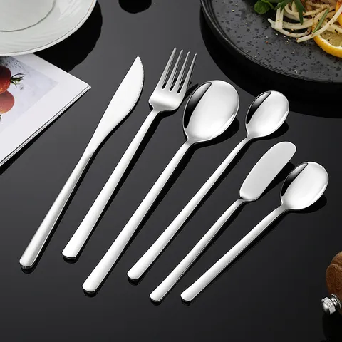 Korean 304 Stainless Steel Cutlery Set Thickened Tableware Mirror Polished Long Handle Spoon Dinner Fork Steak Knife For Home Restaurant Party