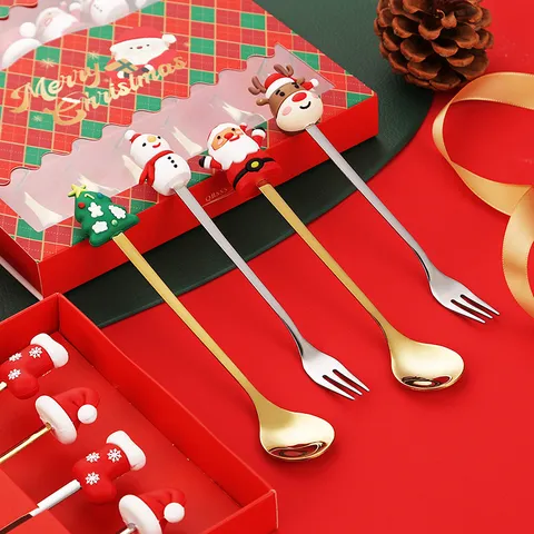 Weihnachten Edelstahl Löffel Und Gabel Für Kaffee Dessert Frucht Weihnachtsmann Schneemann Elch Figur Griff Spiegelpoliert Festlich Geschirr Geschenk