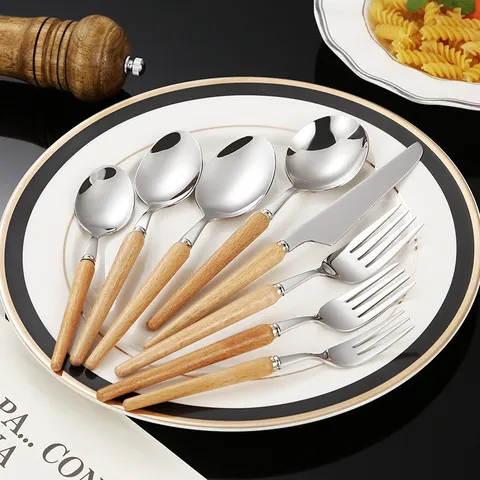 Buchenholz Griff 304 Edelstahl Besteckset Japanischer Stil Steakmesser Esslöffel Gabel Für Hochzeit Party Heimküche