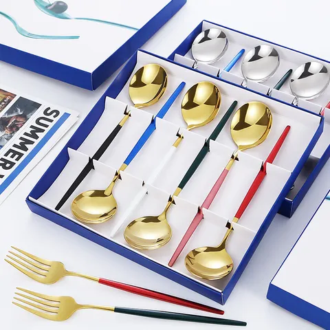 Modern 304 Stainless Steel Spoon Fork Set Elegant Gift Box Packaging Multicolor Handle Tableware Mirror Polished Dinnerware For Home Wedding Festival Dinner Gift Set