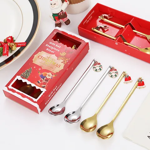 Roestvrijstalen Kerstlepel Geschenkmethode Hanger Koffielepels Goud Zilver Spiegel Gepolijst Theelepels Voor Vakantiefeest Kerstcadeau