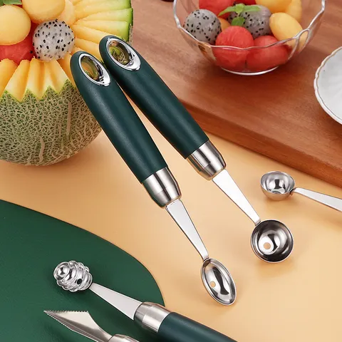 Stainless Steel Fruit Melon Baller Scooper With Green Handle Multifunctional Fruit Carving Knife For Platter Making DIY Fruit Tools Kitchen Gadget