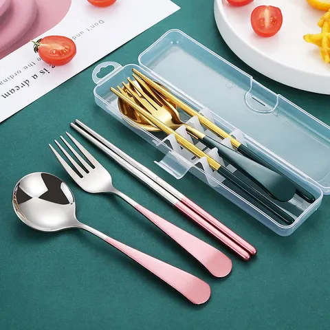Portable 304 Stainless Steel Cutlery Set Spoon Fork Chopsticks With Transparent Travel Case Mirror Polished Flatware For Student Office Camping