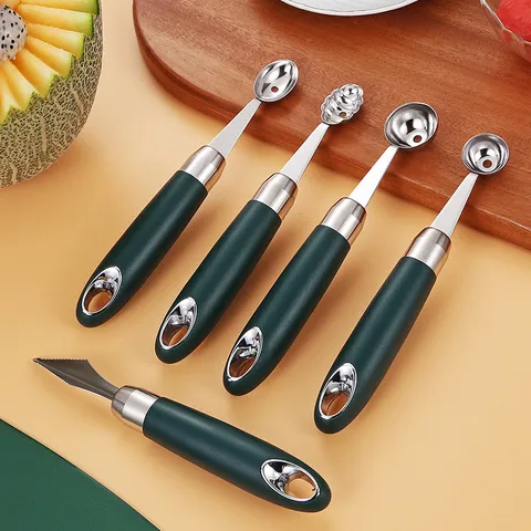 Stainless Steel Fruit Melon Baller Scooper With Green Handle Multifunctional Fruit Carving Knife For Platter Making DIY Fruit Tools Kitchen Gadget