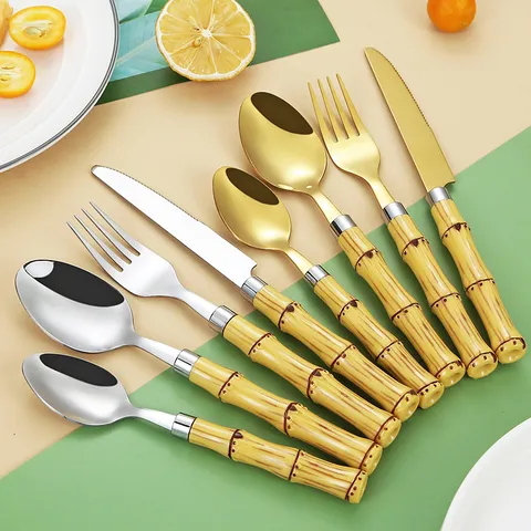 Besteck Set Edelstahl Mit Bambusgriff Modern Gold Silber Spiegelpoliert Messer Gabel Löffel Für Bankett Hochzeit Küche
