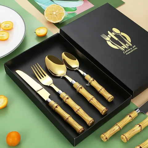 Besteck Set Edelstahl Mit Bambusgriff Modern Gold Silber Spiegelpoliert Messer Gabel Löffel Für Bankett Hochzeit Küche