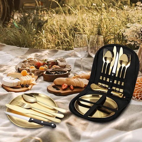 Service de Table Portable en Acier Inoxydable pour Camping Extérieur Pique-Nique Personnes Avec Sac de Rangement Fourchette Cuillère Couteau Assiette