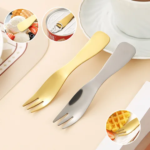 Stainless Steel Multi-functional Dessert Spoon Fork Fruit Cake Fork Ice Cream Spoon Two-in-One Can Opener Mirror Polished Cutlery