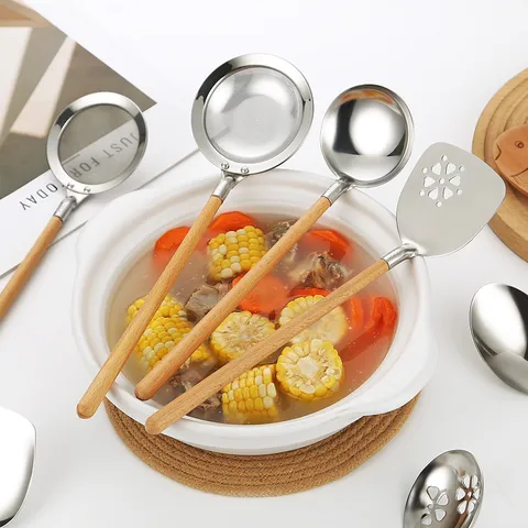 304 Stainless Steel Kitchen Utensils With Beech Wood Handle Japanese Style Soup Spoon Ladle Spatula Cooking Tools For Ramen Home