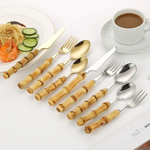 Retro Bamboo Handle Stainless Steel Cutlery For Wedding Banquet Gold Silver Mirror Polished Steak Knife Fork Spoon Western Dinnerware Collection