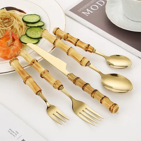 Retro Bamboo Handle Stainless Steel Cutlery For Wedding Banquet Gold Silver Mirror Polished Steak Knife Fork Spoon Western Dinnerware Collection