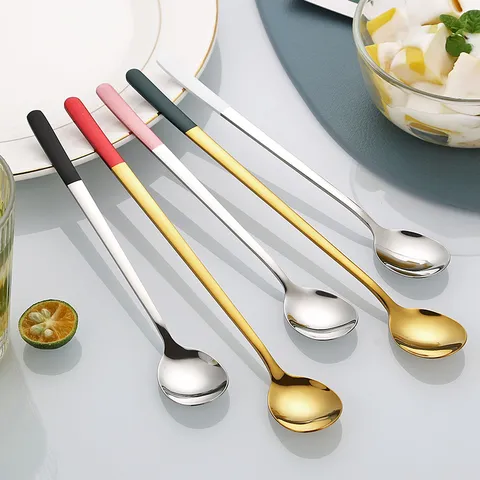 Long Handle Stainless Steel Spoon Korean Style Ice Stirring Bar Milk Tea Honey Mixer Elegant Creative Colorful Tableware Spoon
