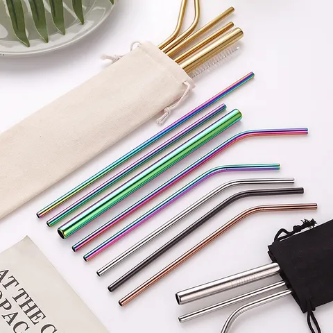 Juego de Pajitas Reutilizables de Acero Inoxidable 304 Con Bolsa de Almacenamiento Portátil y Cepillos de Limpieza Pajitas de Metal Multicolor Para Café Té Fiesta