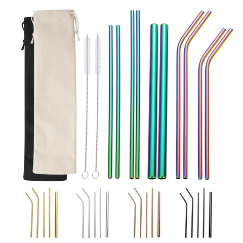 Juego de Pajitas Reutilizables de Acero Inoxidable 304 Con Bolsa de Almacenamiento Portátil y Cepillos de Limpieza Pajitas de Metal Multicolor Para Café Té Fiesta