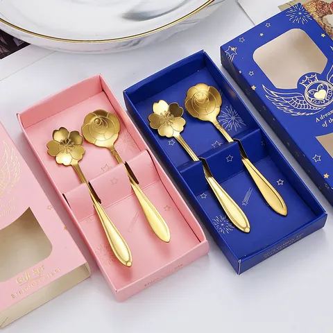 Stainless Steel Flower Leaf Coffee Spoon Fork With Gift Box Mirror Polished Gold Dessert Spoon For Wedding Birthday Party