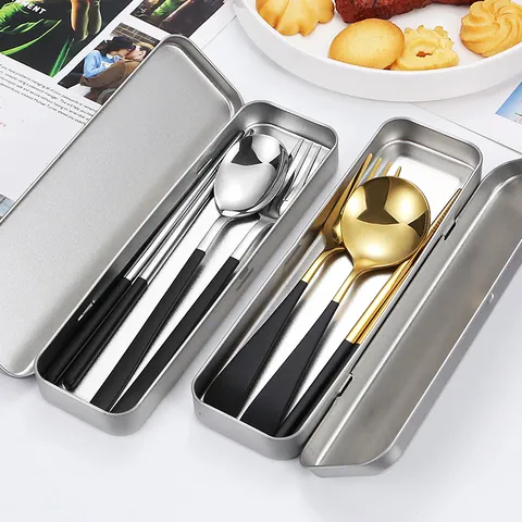 Modern 304 Stainless Steel Flatware Set Portable Spoon Fork Chopsticks Dinnerware Set With Metal Case For School Outdoor Travel