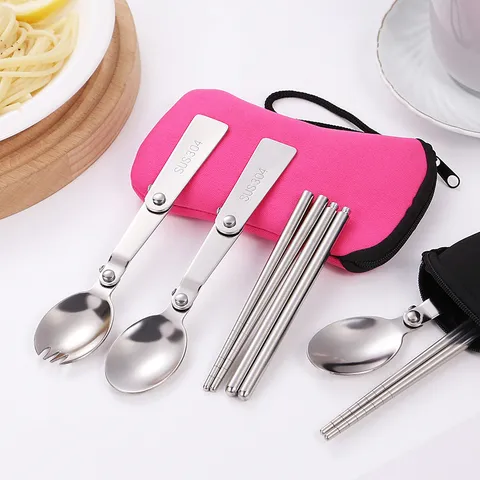 Tragbares Faltbares Besteckset 304 Edelstahl Löffel Stäbchen Mit Aufbewahrungstasche Für Studenten Outdoor Camping Picknick