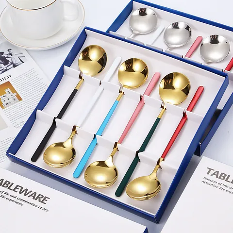 Minimaliste Moderne Cuillère Ronde en Acier Inoxydable Coffret Cadeau Polissage Miroir Cuillères à Dessert Avec Poignées Colorées Vaisselle Élégante pour Mariage Anniversaire Maison Fête