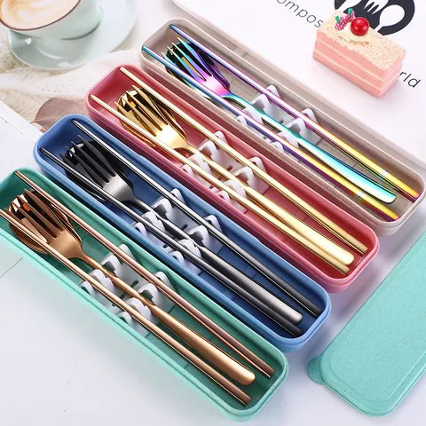 304 Stainless Steel Korean Portable Cutlery Wheat Straw Case Spoon Fork Chopsticks Outdoor Student Travel Dining Utensils