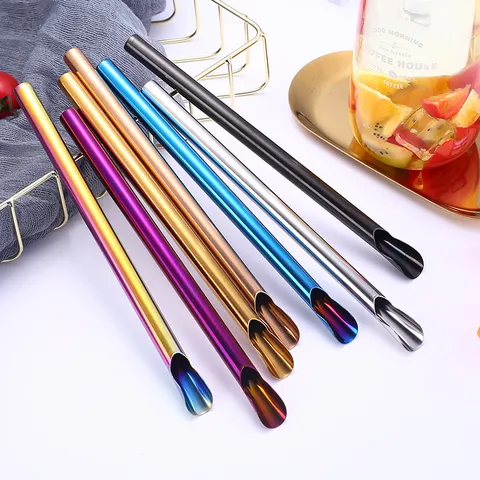 Cuchara Pajita de Acero Inoxidable 304 Multicolor Pulido Espejo Pajita Reutilizable Cuchara Creativa para Batido Smoothie Bubble Tea Café Uso Diario Hogar Cocina Fiesta Suministro