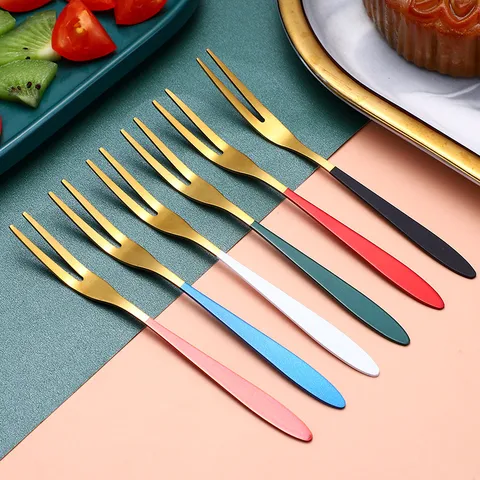 Stainless Steel Fruit Fork Dessert Knife With Colored Handle Gold Plated Mini Cake Salad Fork For Home Party Wedding Kitchen Tableware