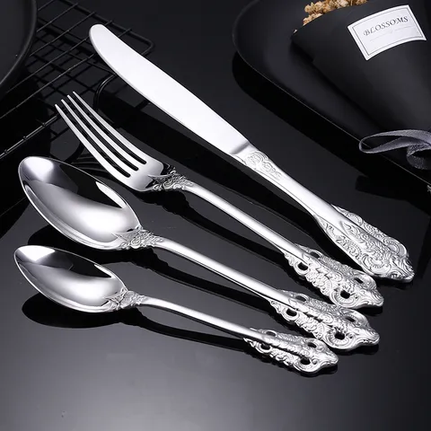 Juego de Cubiertos Vintage de Estilo Palacio Europeo de Acero Inoxidable 304 Cuchillo Tenedor Cuchara con Patrón de Relieve de Lujo para Hotel Casa Banquete