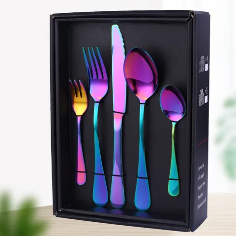 Set di Posate da 24 Pezzi in Acciaio Inossidabile Posate Occidentali Coltello Forchetta Cucchiaio Oro Nero Arcobaleno Con Confezione Regalo