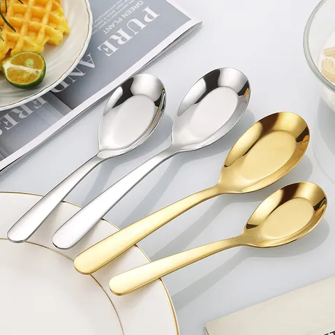 304 Stainless Steel Flat Bottom Spoon Thickened Mirror Polished Dinner Soup Spoon For Home Restaurant Hotel Gold Silver Spoon