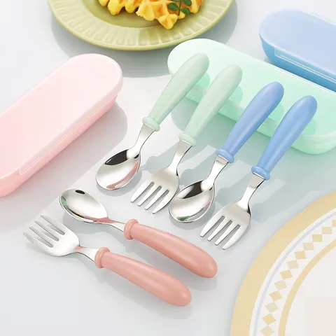 304 Stainless Steel Children Portable Spoon Fork Flatware Combination Cute Round Handle Toddler Utensils With Travel Case
