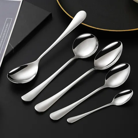 304 Stainless Steel Spoon Thickened Household Long Handle Round Pointed Dessert Coffee Spoon Tableware For Student Adults