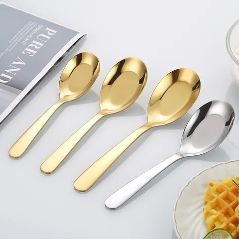 304 Stainless Steel Flat Bottom Spoon Thickened Mirror Polished Dinner Soup Spoon For Home Restaurant Hotel Gold Silver Spoon