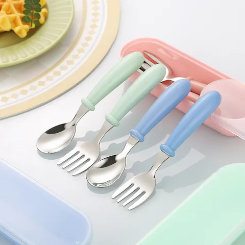 304 Stainless Steel Children Portable Spoon Fork Flatware Combination Cute Round Handle Toddler Utensils With Travel Case