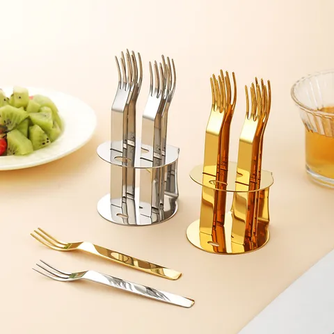 304 Stainless Steel Fruit Fork Set With Storage Holder Gold Silver Dessert Cake Forks Minimalist Japanese Style Small Appetizer Forks Dining Accessories