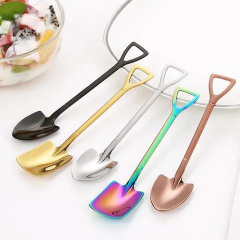 Creative Stainless Steel Shovel Spoon Mirror Polished Ice Cream Dessert Watermelon Spoon Coffee Cake Spoon Novelty Cute Flat Pointy Tableware Spoon For Home Restaurant Shop