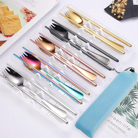 304 Stainless Steel Portable Cutlery Set Spork Spoon Chopsticks Mirror Polished Electroplated Titanium Gold Tableware Gift For Office Travel