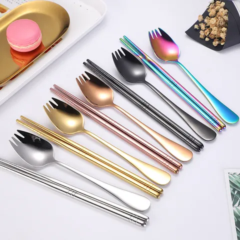 304 Stainless Steel Portable Cutlery Set Spork Spoon Chopsticks Mirror Polished Electroplated Titanium Gold Tableware Gift For Office Travel