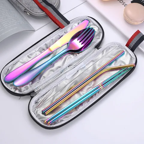 Portable Stainless Steel Flatware Set With Travel Pouch Reusable Drinking Straws Dinner Knife Fork Spoon Chopsticks Cleaning Brush Outdoor Camping Cutlery Dinnerware Set
