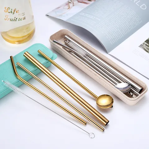 Pajitas de Acero Inoxidable 304 Con Estuche Portátil de Paja de Trigo Pajitas Reutilizables Chapadas en Titanio Para Viajes