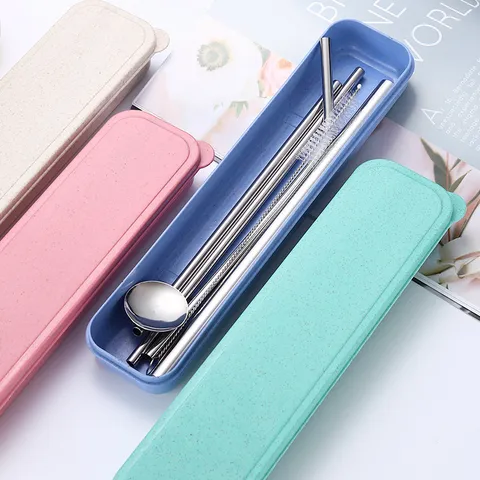 Pajitas de Acero Inoxidable 304 Con Estuche Portátil de Paja de Trigo Pajitas Reutilizables Chapadas en Titanio Para Viajes