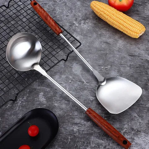 Stainless Steel Cooking Spatula And Soup Spoon With Rosewood Handle Heat Resistant Long Handle Brushed Solid Turner Ladle Kitchen Tools
