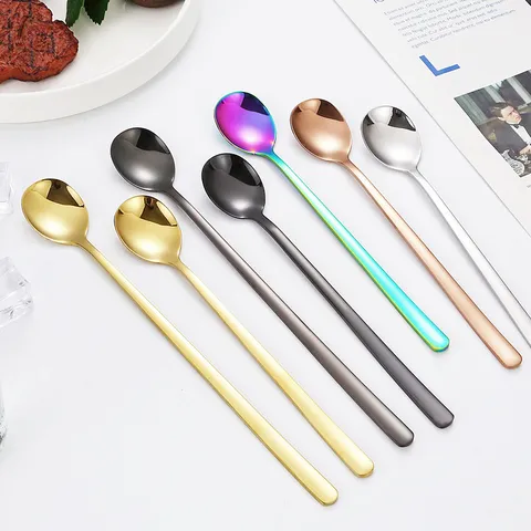 304 Stainless Steel Long Handle Stirring Spoon Mirror Polishing Coffee Milk Tea Ice Spoon Korean Honey Spoon Tableware