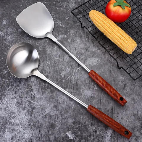 Stainless Steel Cooking Spatula And Soup Spoon With Rosewood Handle Heat Resistant Long Handle Brushed Solid Turner Ladle Kitchen Tools