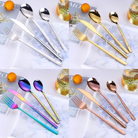 Set di Posate in Stile Coreano in Acciaio Inossidabile 304 Placcato Oro al Titanio Coltello da Bistecca Forchetta Cucchiaio Lucidato a Specchio per Casa